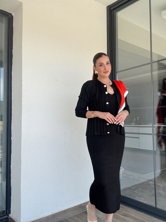 Fitilli Düğmeli Triko Takım Siyah