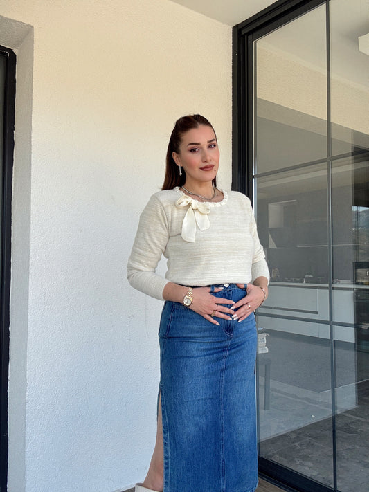 Yaka inci detaylı SİMLİ kazak BEJ