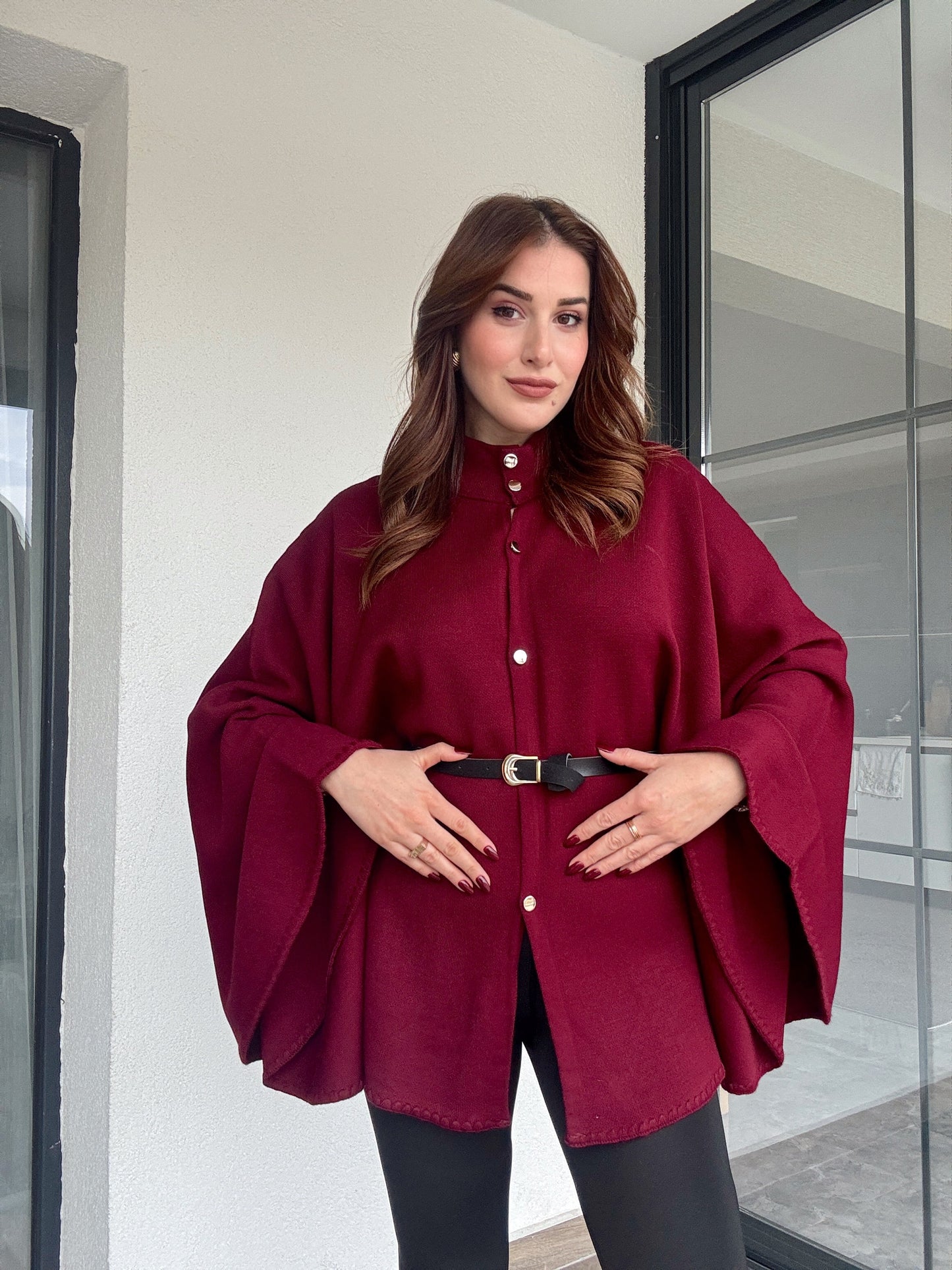 Kemerli düğmeli panço-BORDO