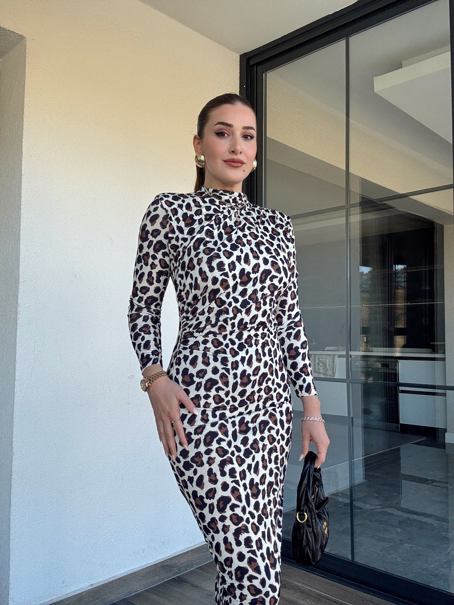 Sandy kumaş drape detaylı leopar elbise-BEJ
