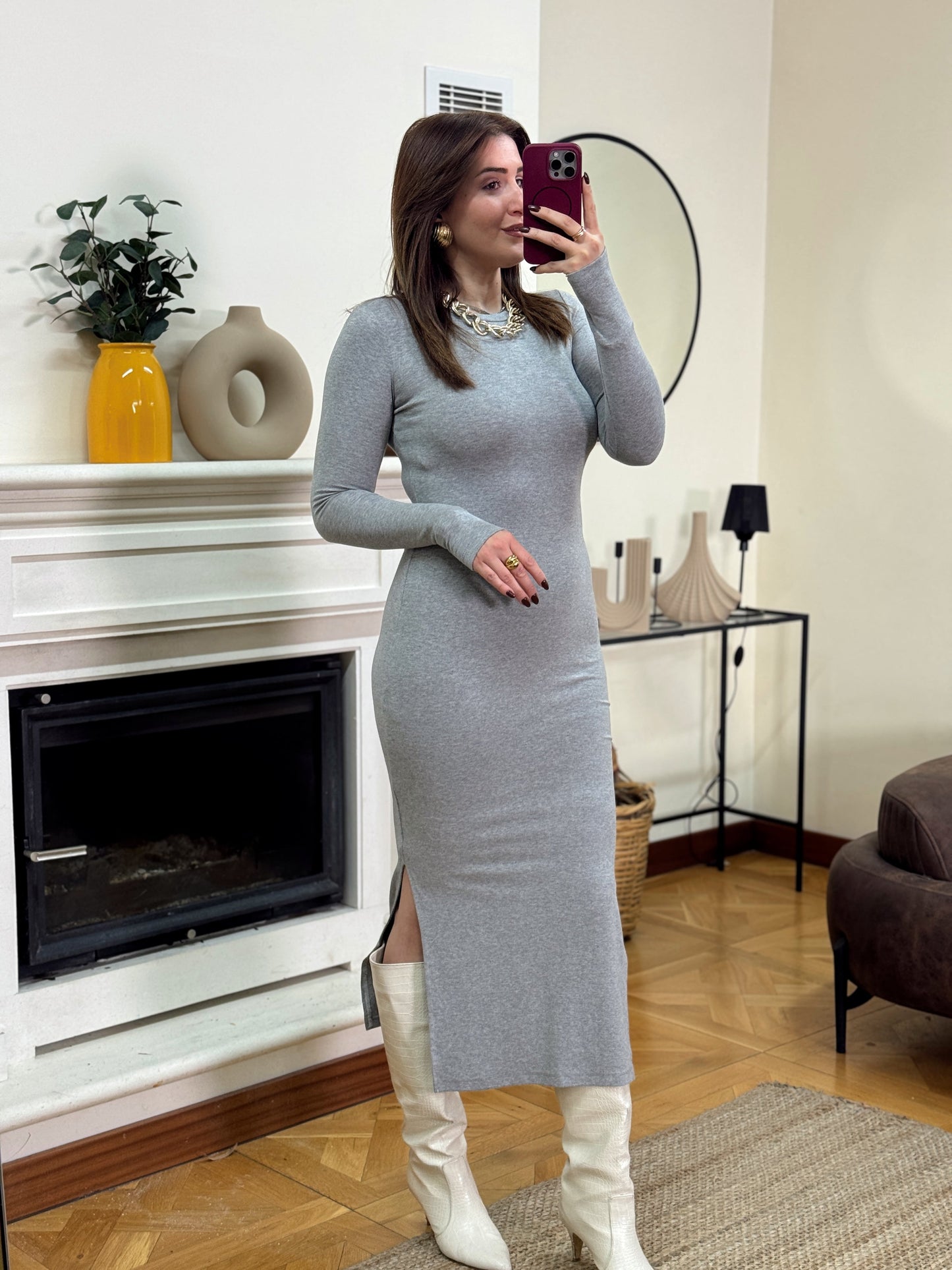 Bisiklet yaka parmak geçirmeli elbise-GRİ