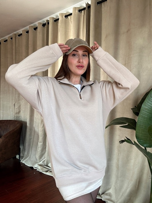 3 İplik Şardonlu Yarım Fermuarlı Sweatshirt - TAŞ