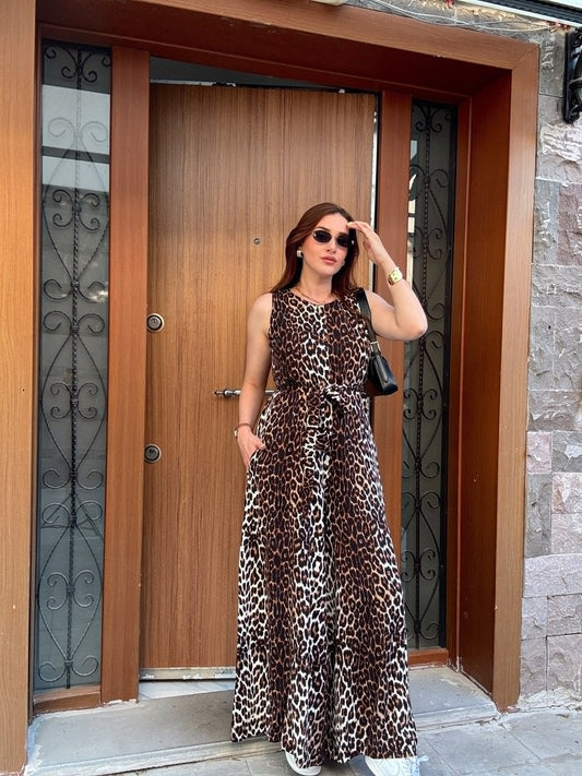 Sırt fermuar detaylı kuşaklı tulum LEOPAR