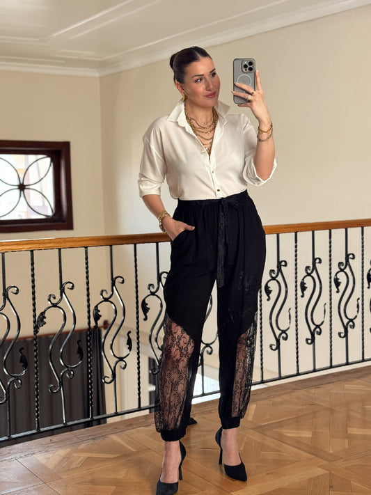 Yanı Dantel Detaylı Şalvar-SİYAH