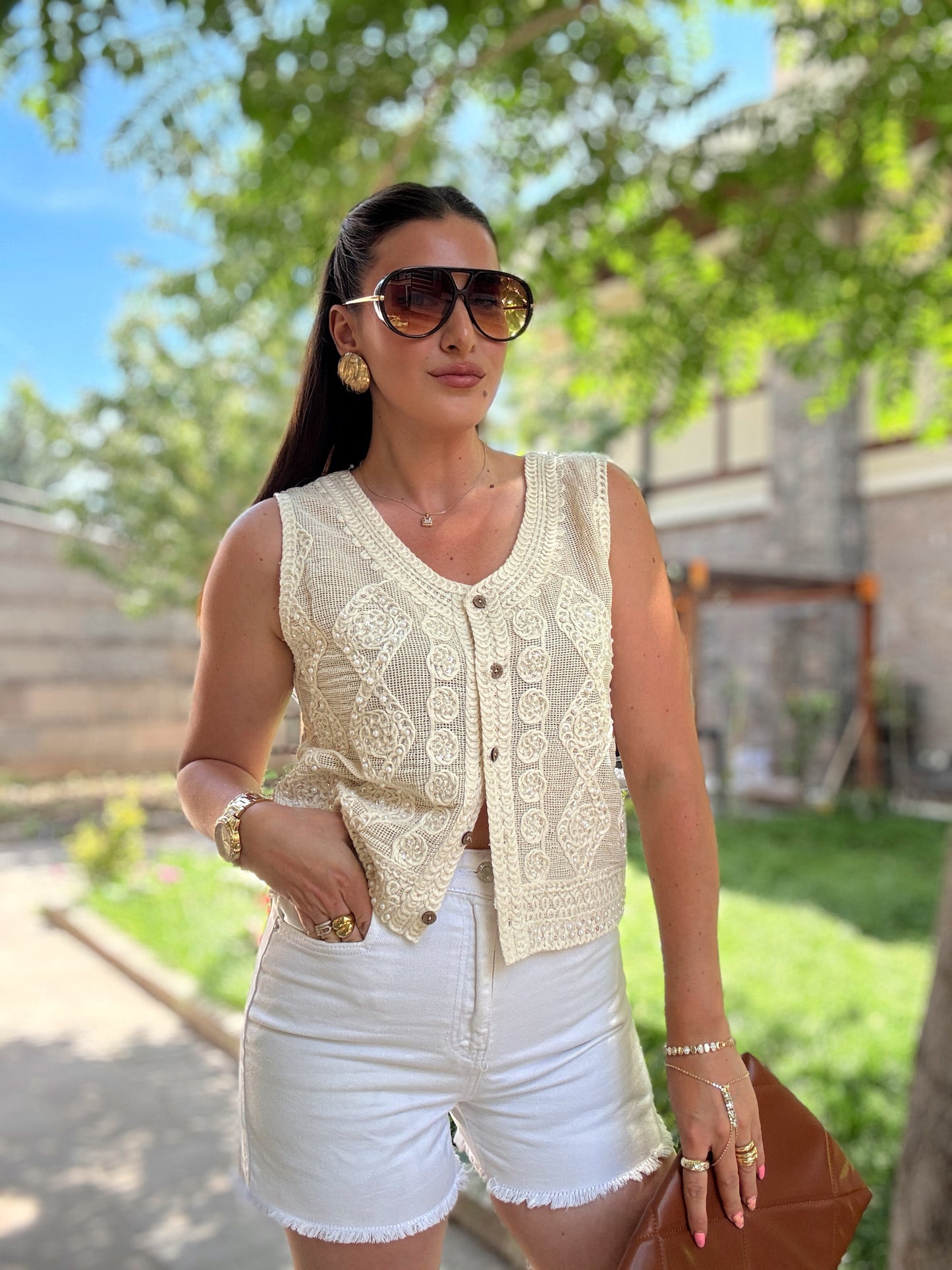 Taş işleme örgü yelek Bej