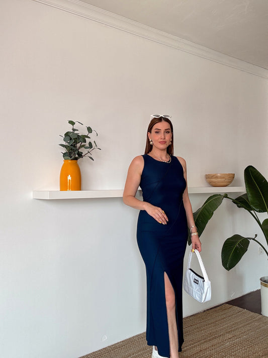 Nevürlü Yırtmaçlı Elbise LACİVERT