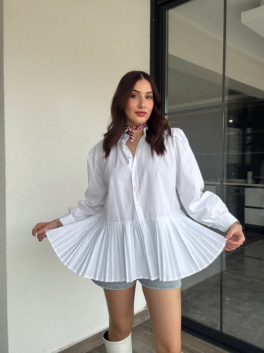 Poplin Pliseli Gömlek - BEYAZ