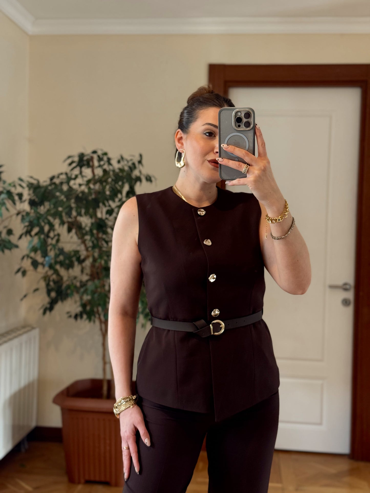 STELLA Kemerli Yelek-KAHVERENGİ