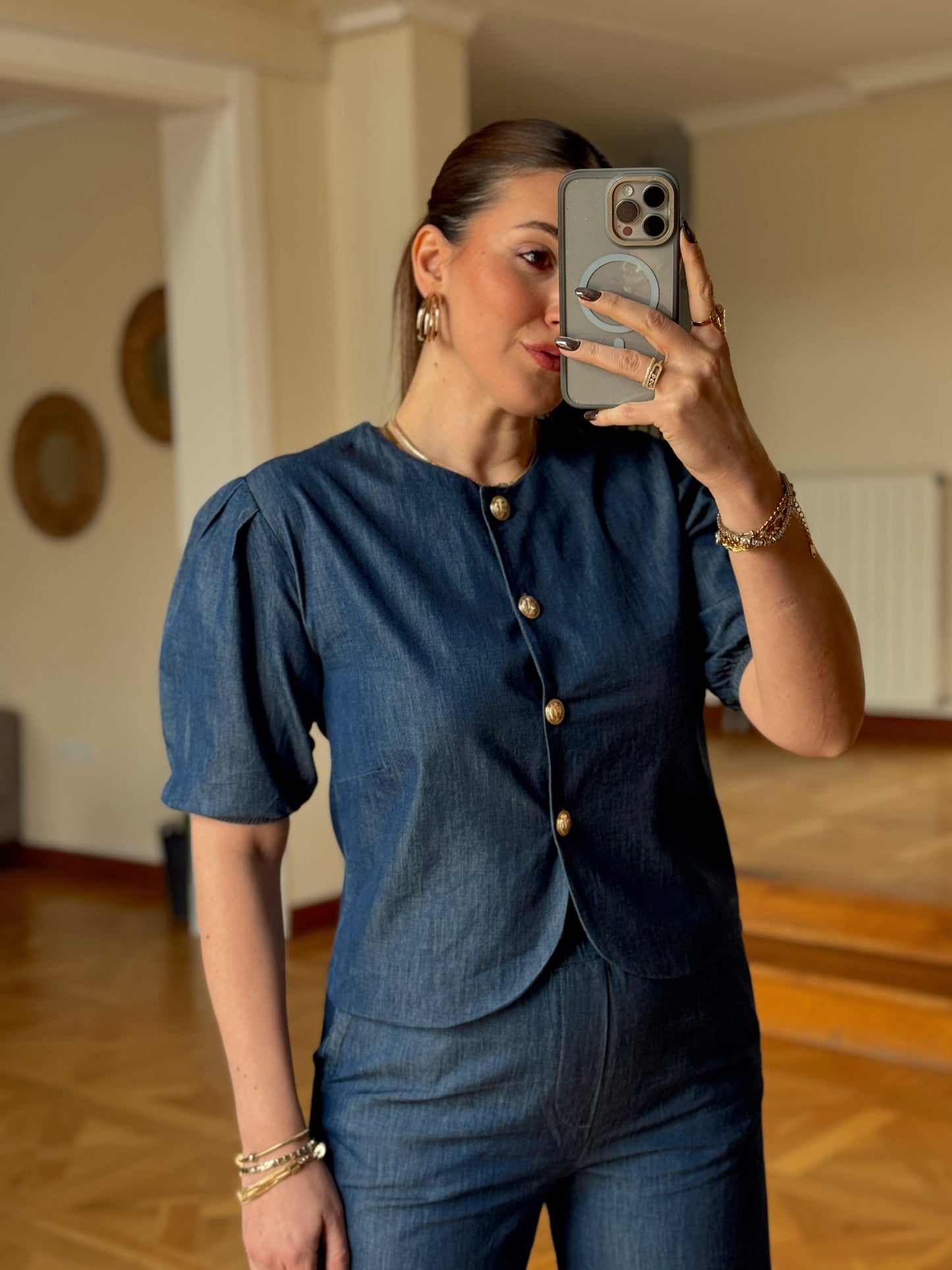 Tencel Düğmeli Bluz-MAVİ