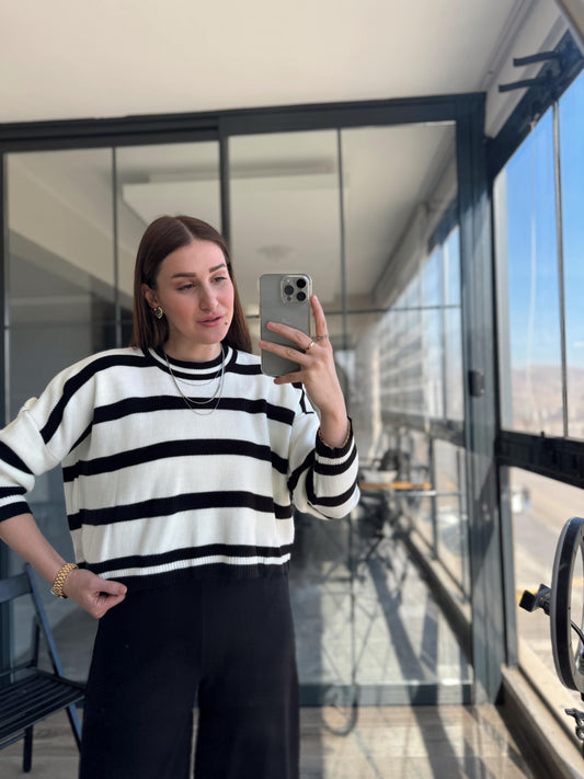 Emily Bisiklet Yaka Çizgili Oversize Kazak - EKRU SİYAH