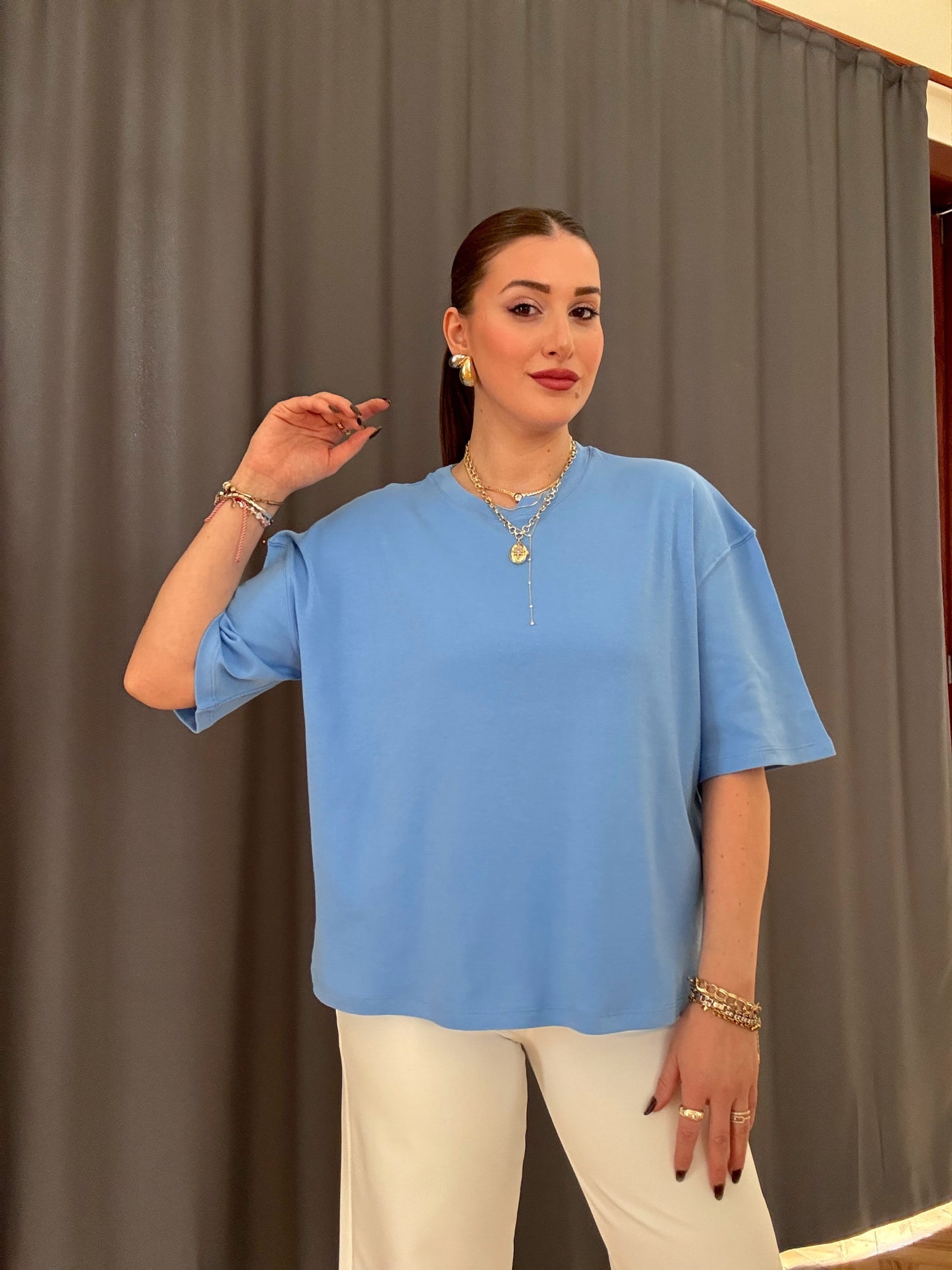 Oversize Basic Tişört Mavi