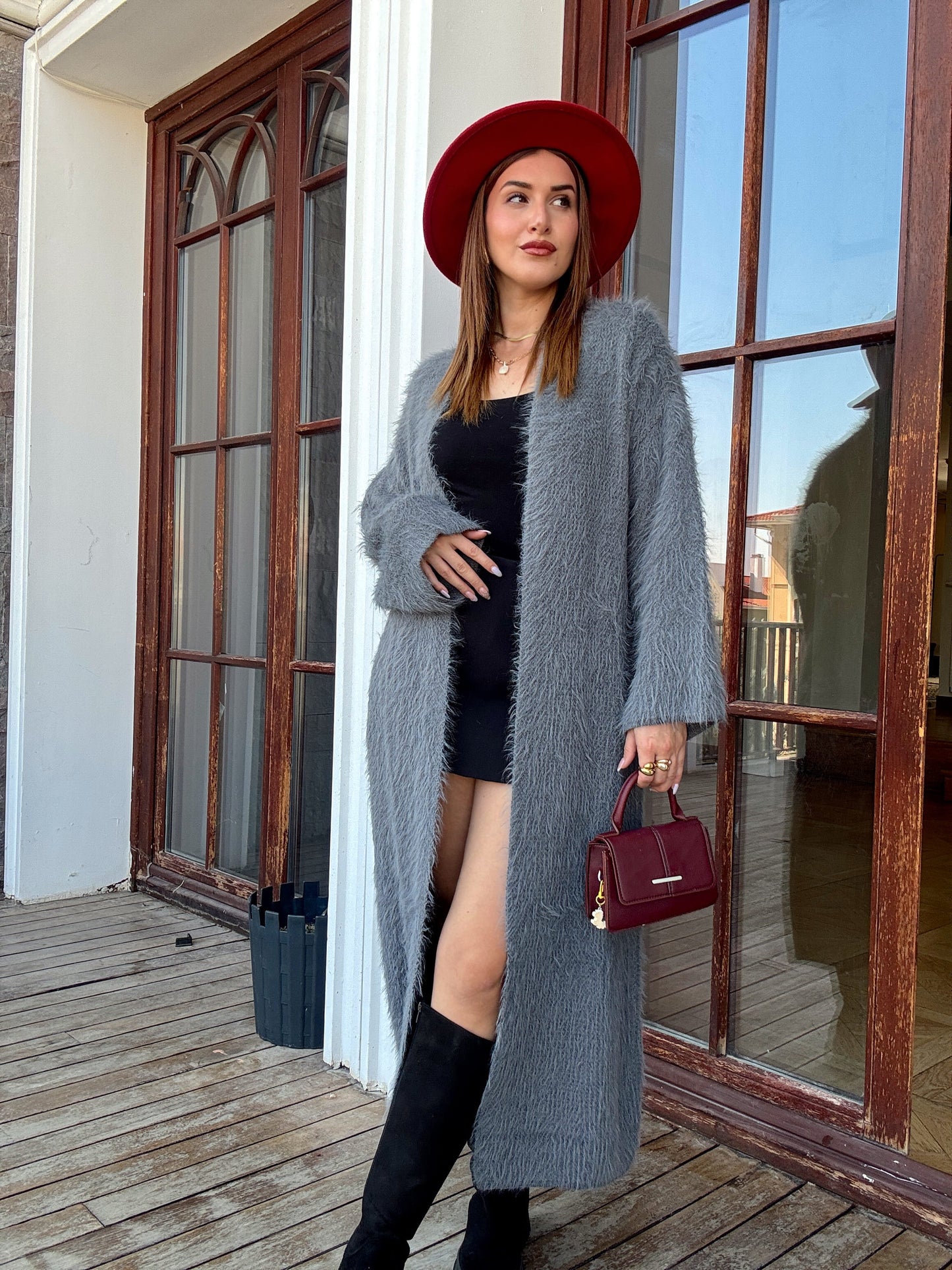 Kırçıllı sakal kumaş uzun hırka Gri