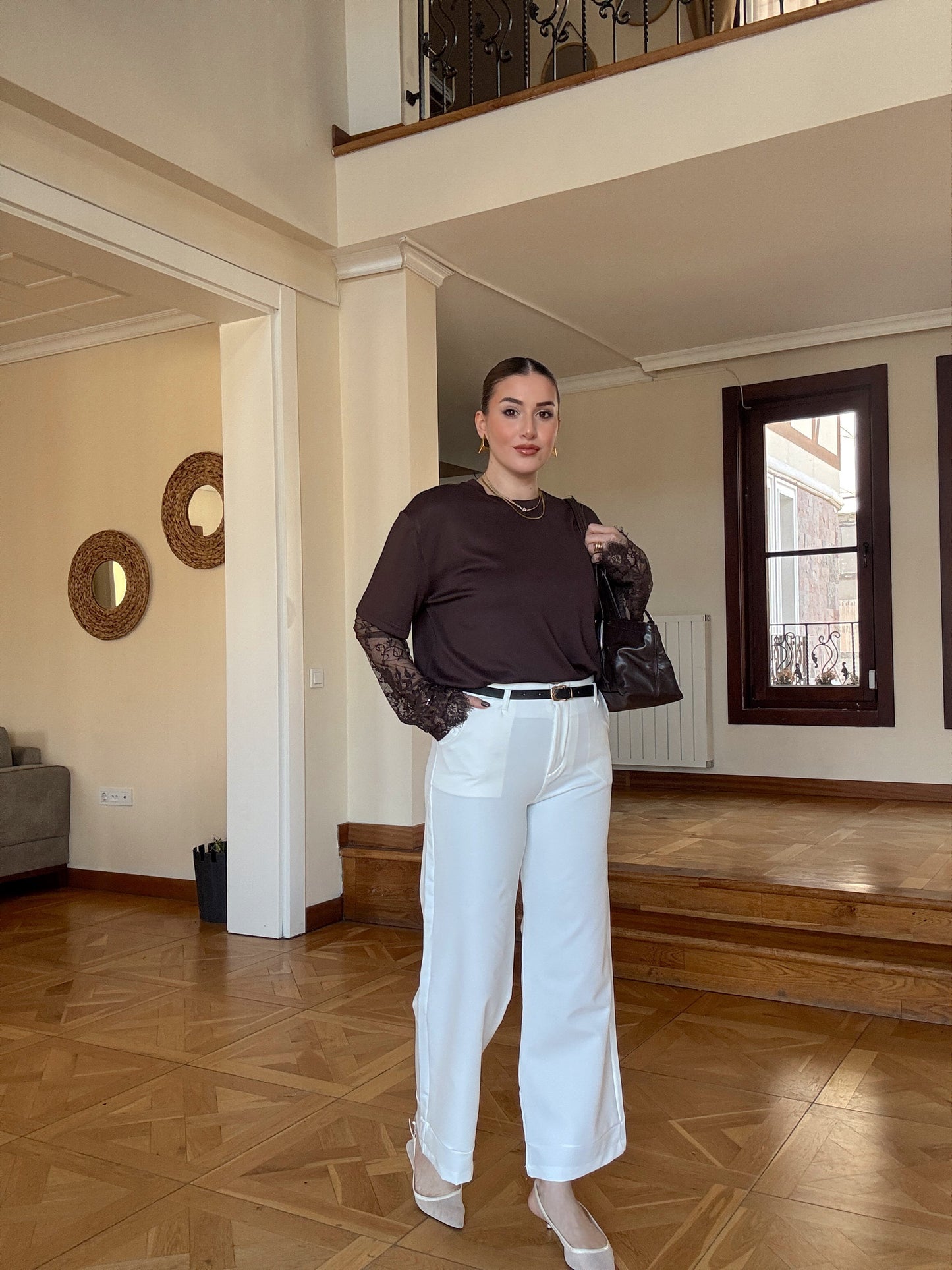 Kemerli premium kumaş pantolon Beyaz