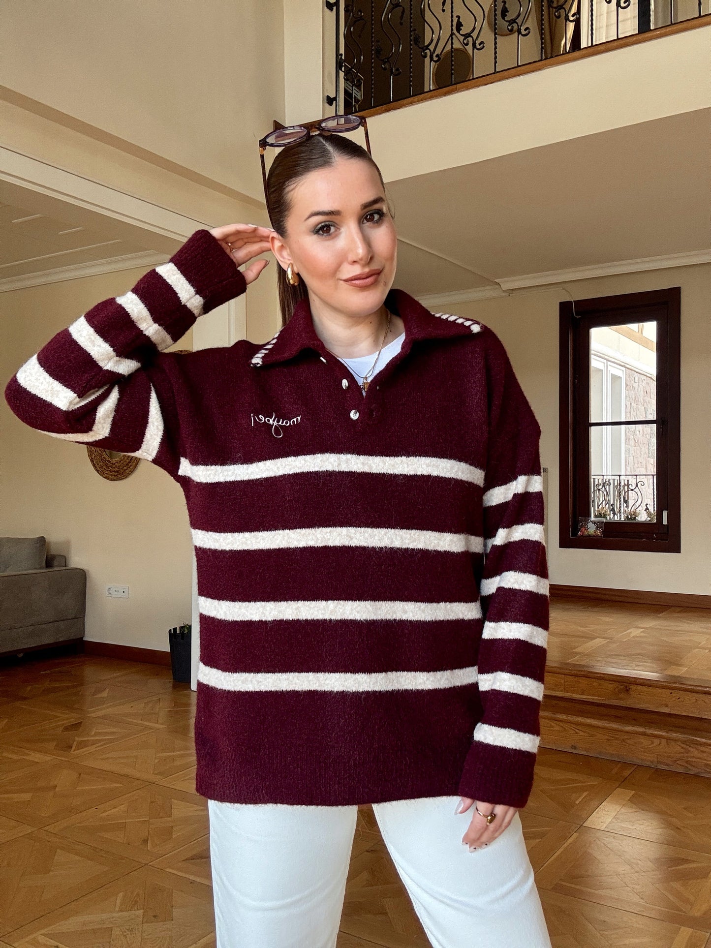 Polo Yaka Çizgili Yumoş Kazak-BORDO