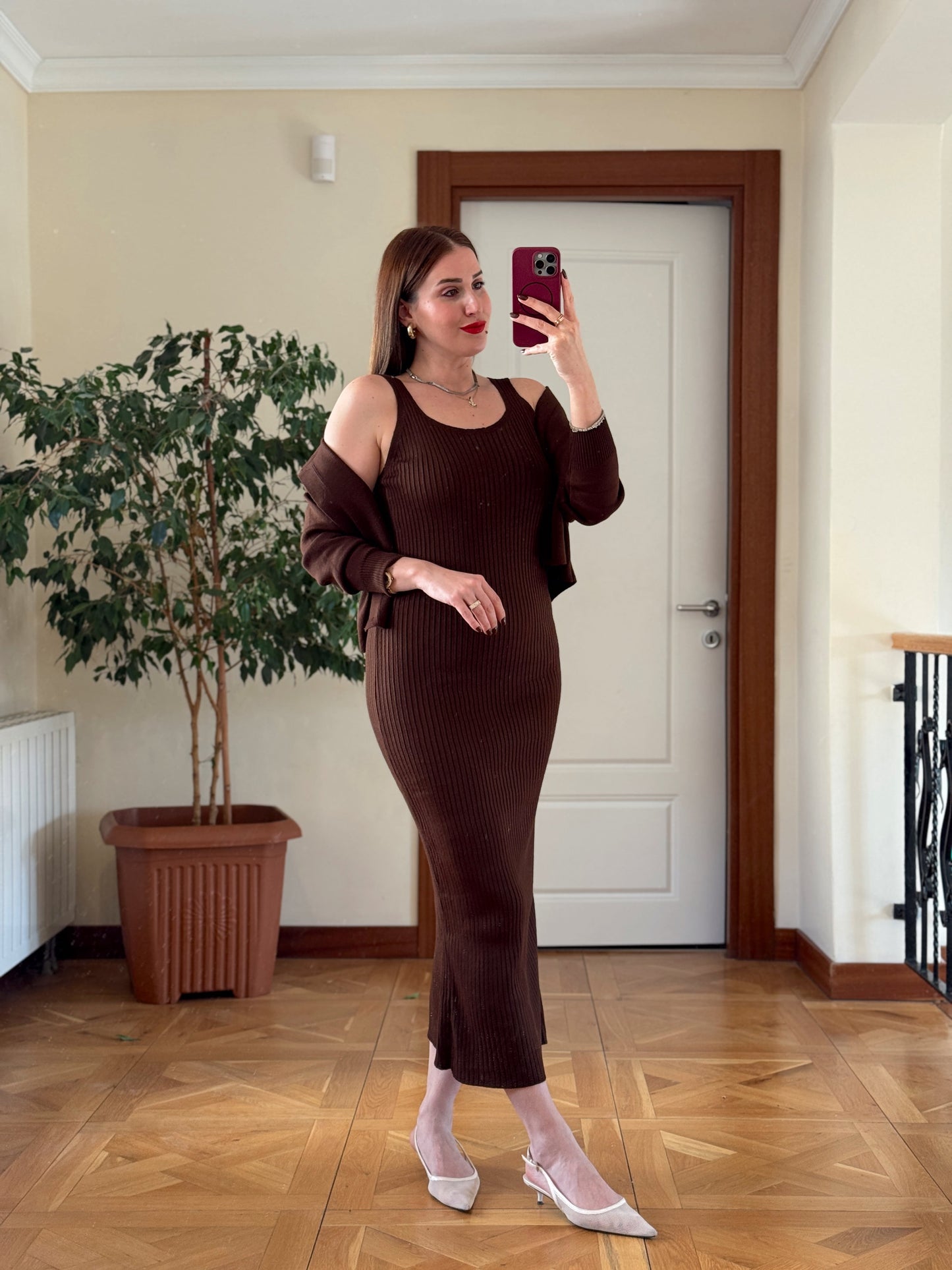 Ceketli Elbiseli Triko Takım - KAHVERENGİ