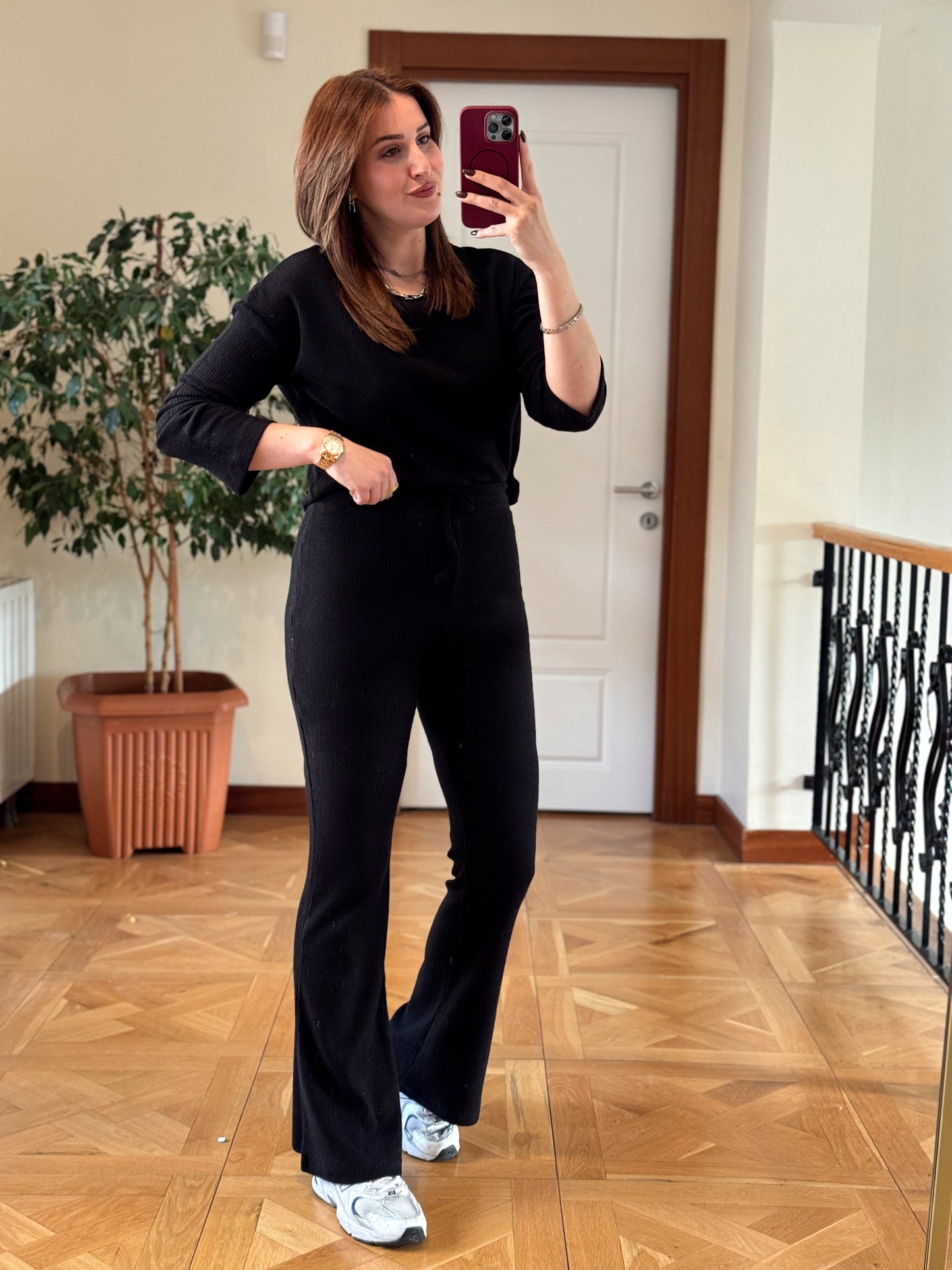 Fitilli bisiklet yaka crop bol paça pantolon takım-SİYAH