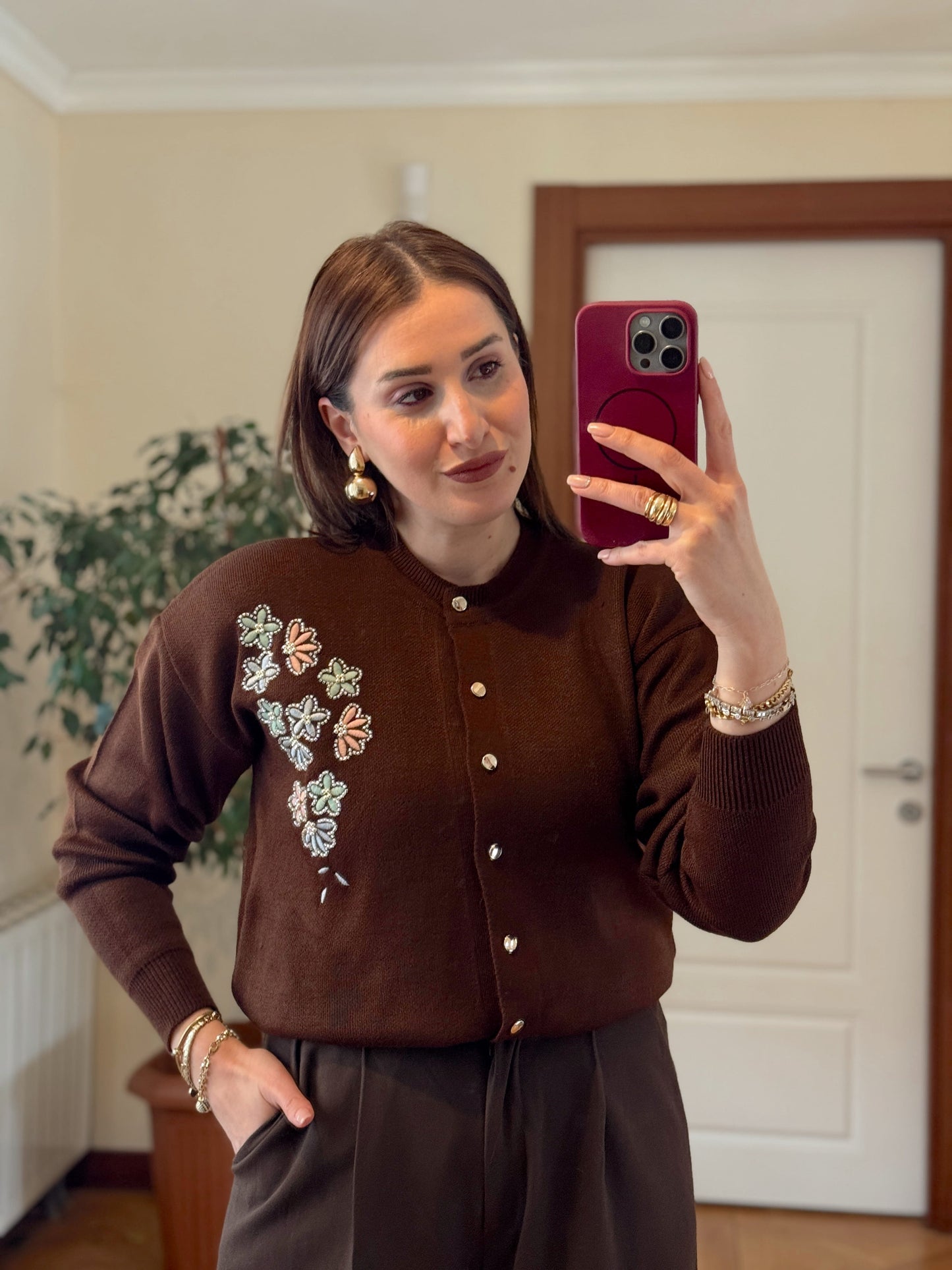 Papatya çiçekli hırka KAHVERENGİ