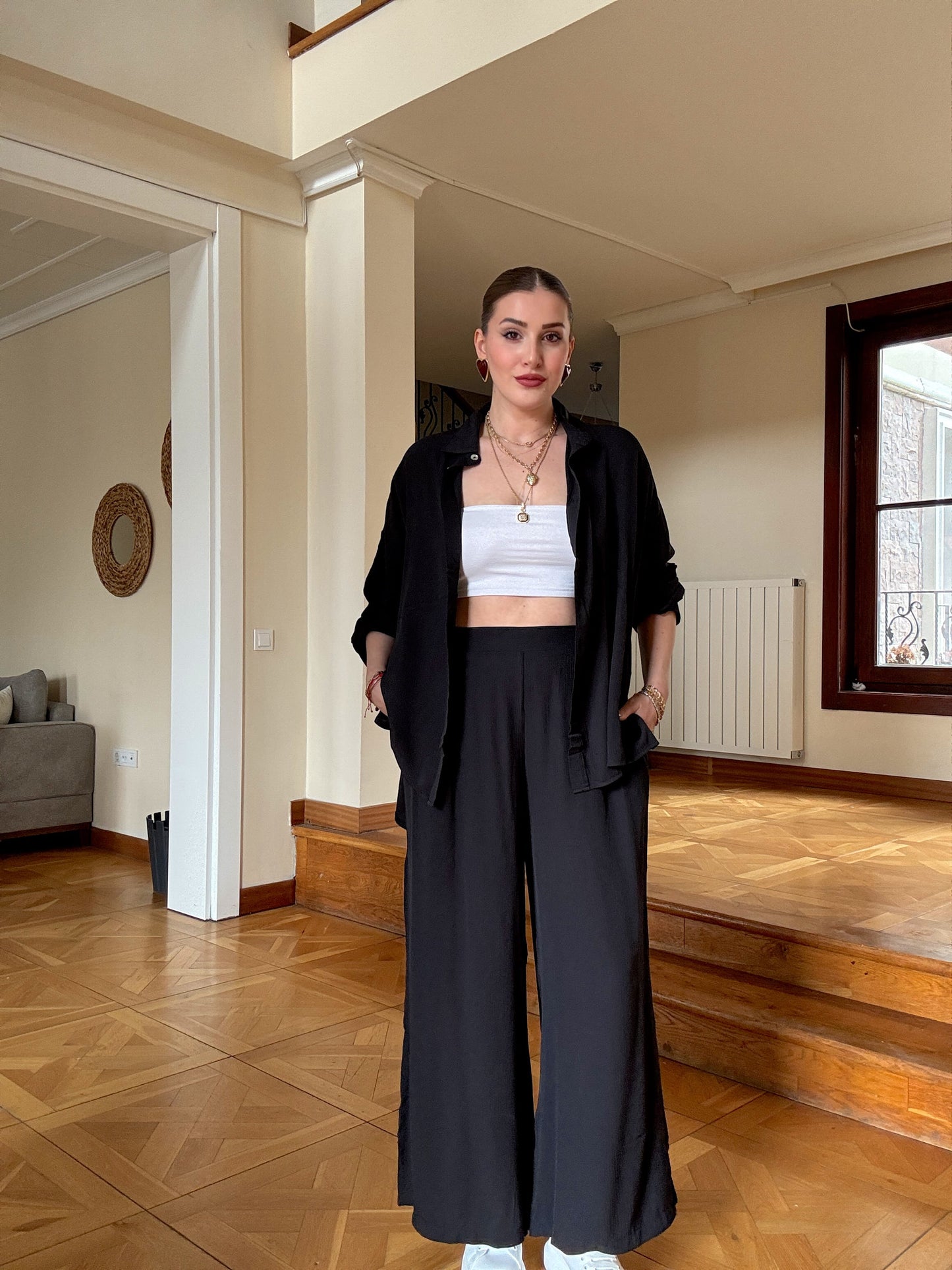 Gofre pantolonlu ikili takım Siyah