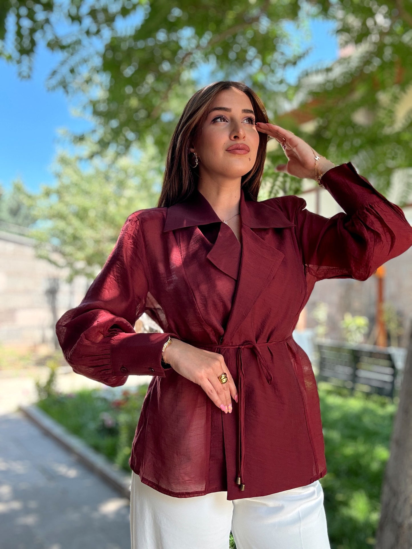 Kruvaze yaka aerobin gömlek ceket bordo