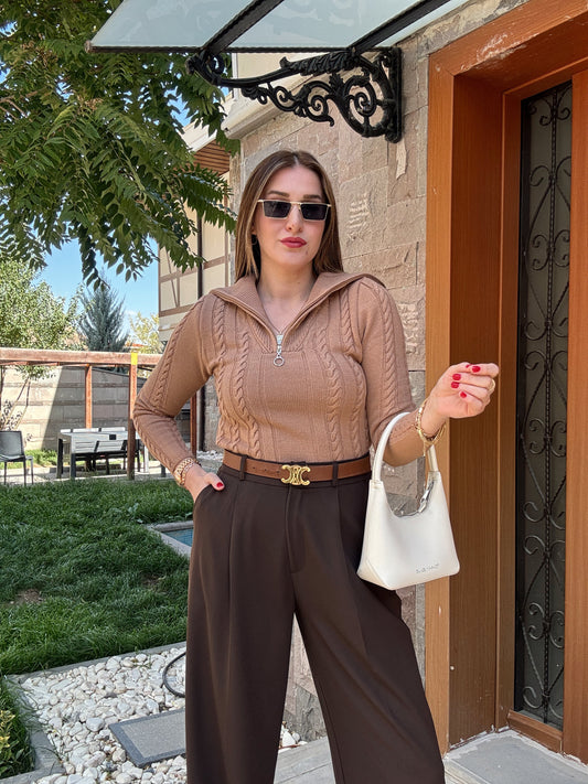 Saç Örgü Fermuarlı Spor Bluz - CAMEL