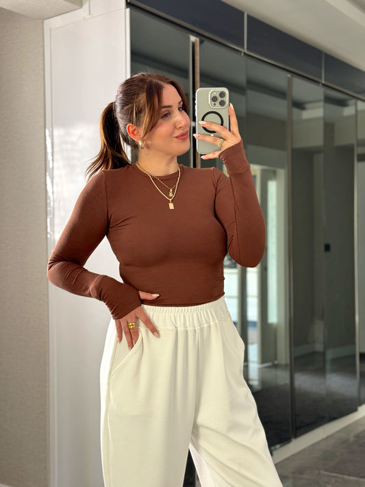 Bisiklet yaka parmak geçmeli bluz Kahve