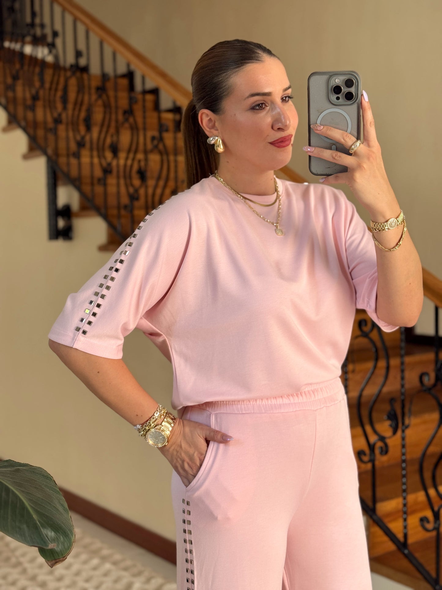 MORİNO taşlı oysh modal takım PEMBE