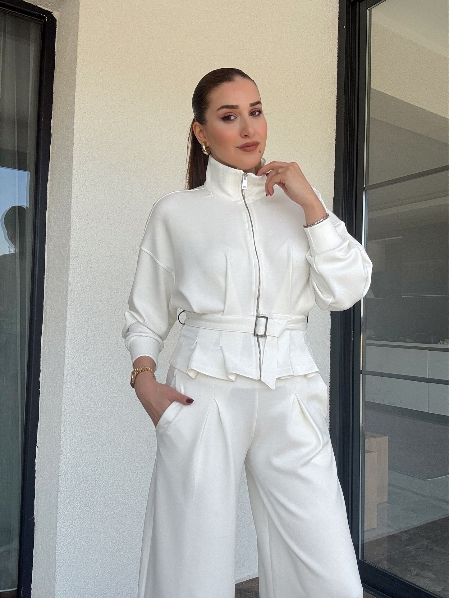 Modal kumaş dik yaka etek pileli ceket pantolon takım-BEYAZ