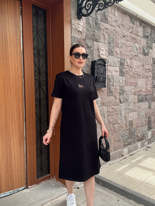 Leopar nakış işlemeli basic elbise SİYAH