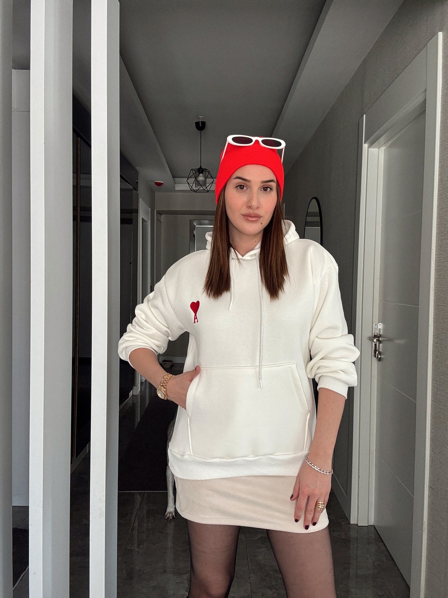 A Nakış Kapüşonlu Şardonlu 3 İplik Sweatshirt - EKRU