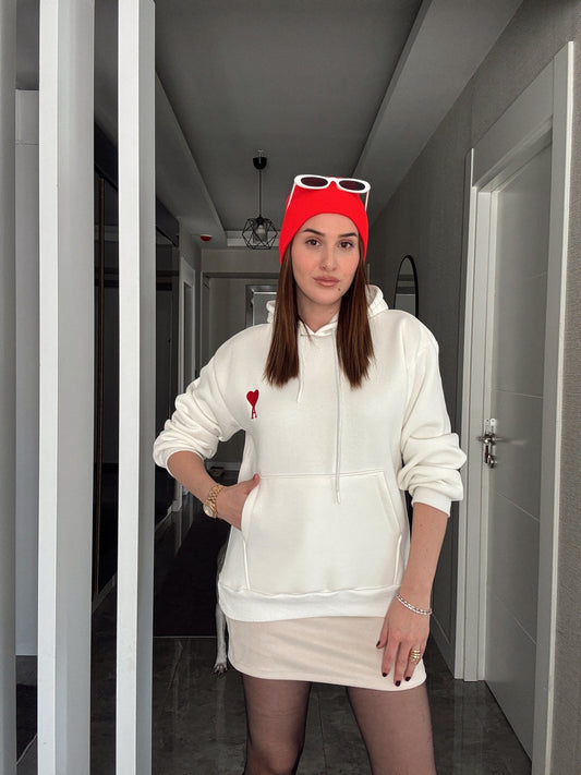 A Nakış Kapüşonlu Şardonlu 3 İplik Sweatshirt - EKRU