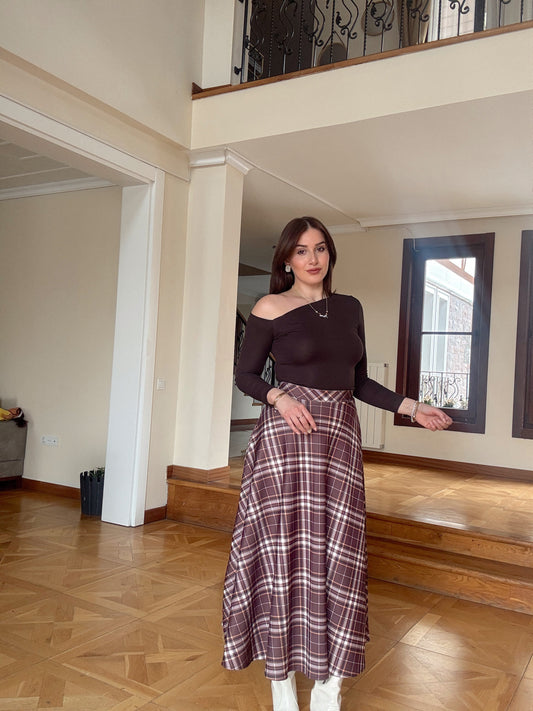 Scuba kumaş ekose etek-KAHVERENGİ