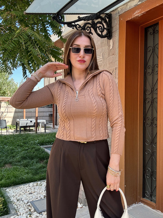 Saç Örgü Fermuarlı Spor Bluz - CAMEL