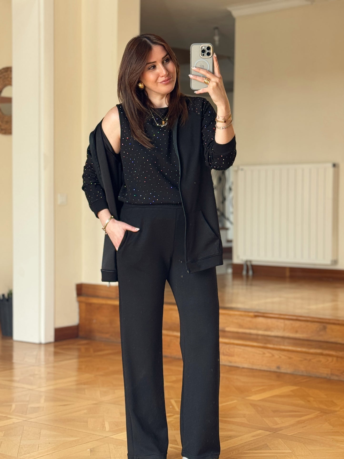 Üçlü Taşlı Oys Takım-SİYAH