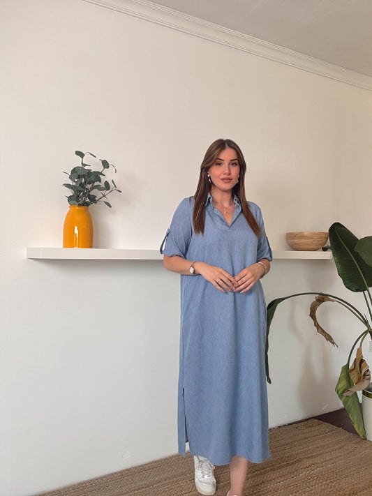 Polo yaka tensel kumaş  elbise Açık Mavi