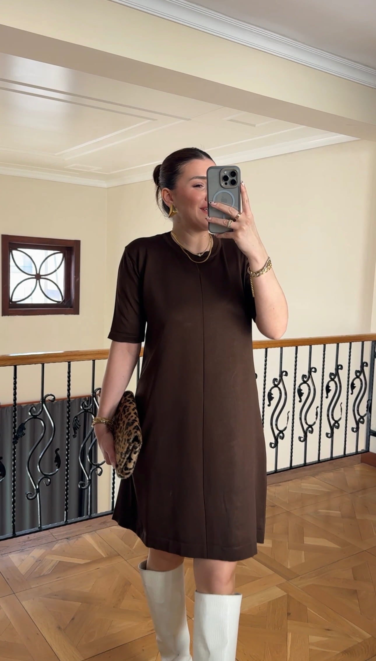 Kısa Kollu Triko Elbise-KAHVERENGİ