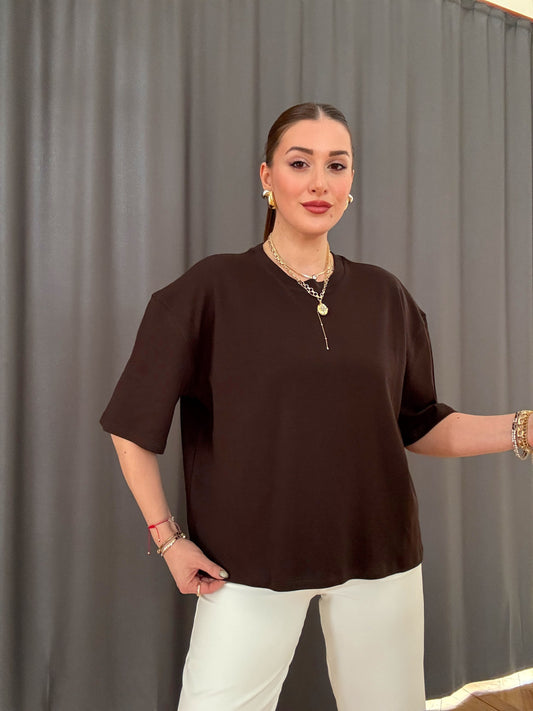 Oversize Basic Tişört Kahve