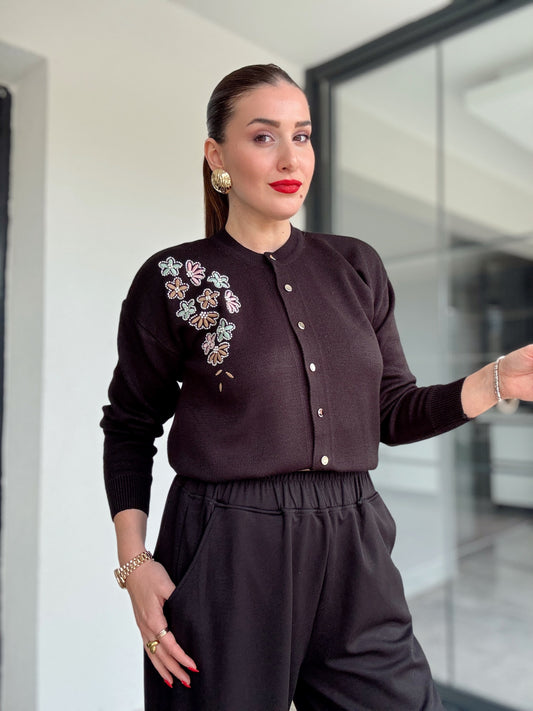 Papatya çiçekli hırka Siyah