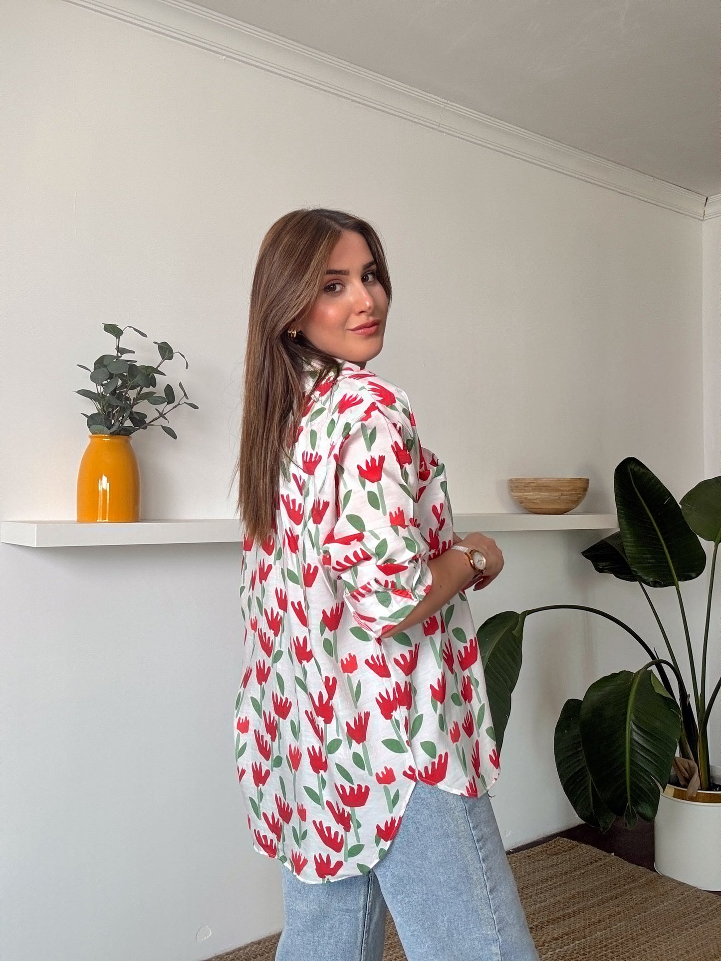 ZR MODEL cepli lale desenli gömlek BEYAZ