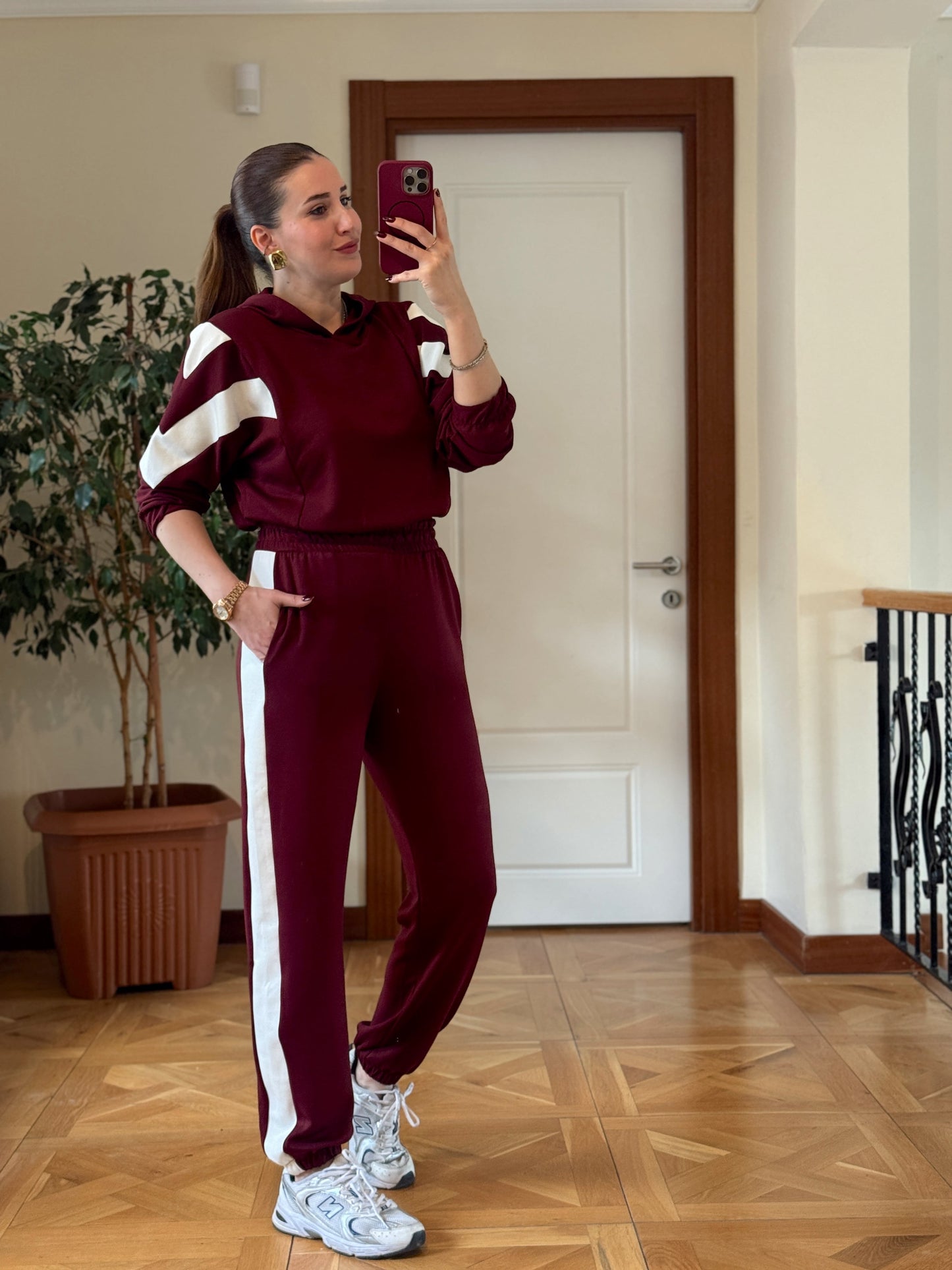 Modal Kapüşonlu Paça Lastikli Takım Bordo