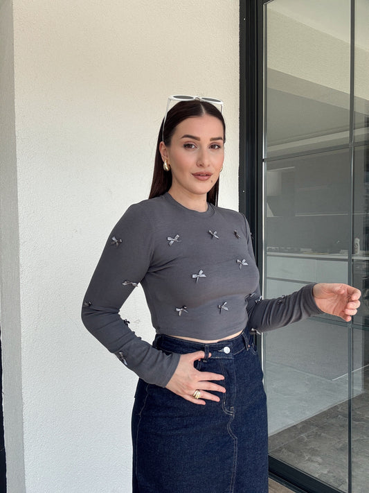 Fiyonklu Crop Bluz GRİ