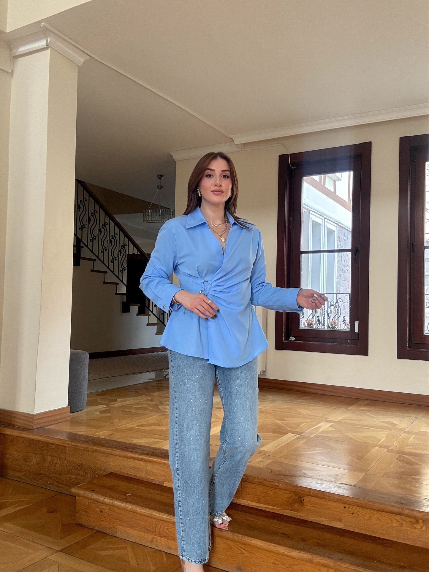 Taşlı Palazzo Jean Pantolon Mavi