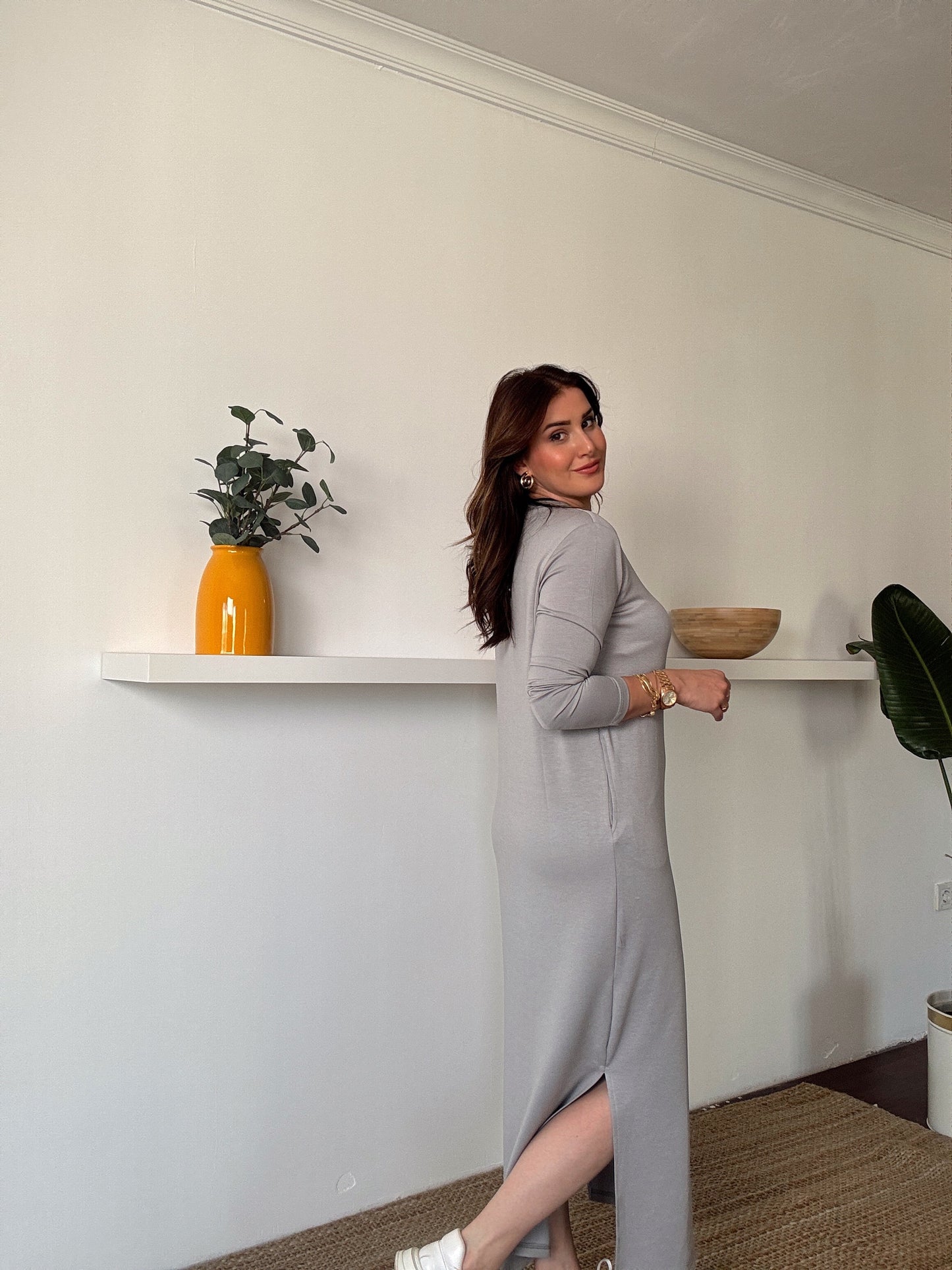 Uzun Kol Modal Elbise Gri
