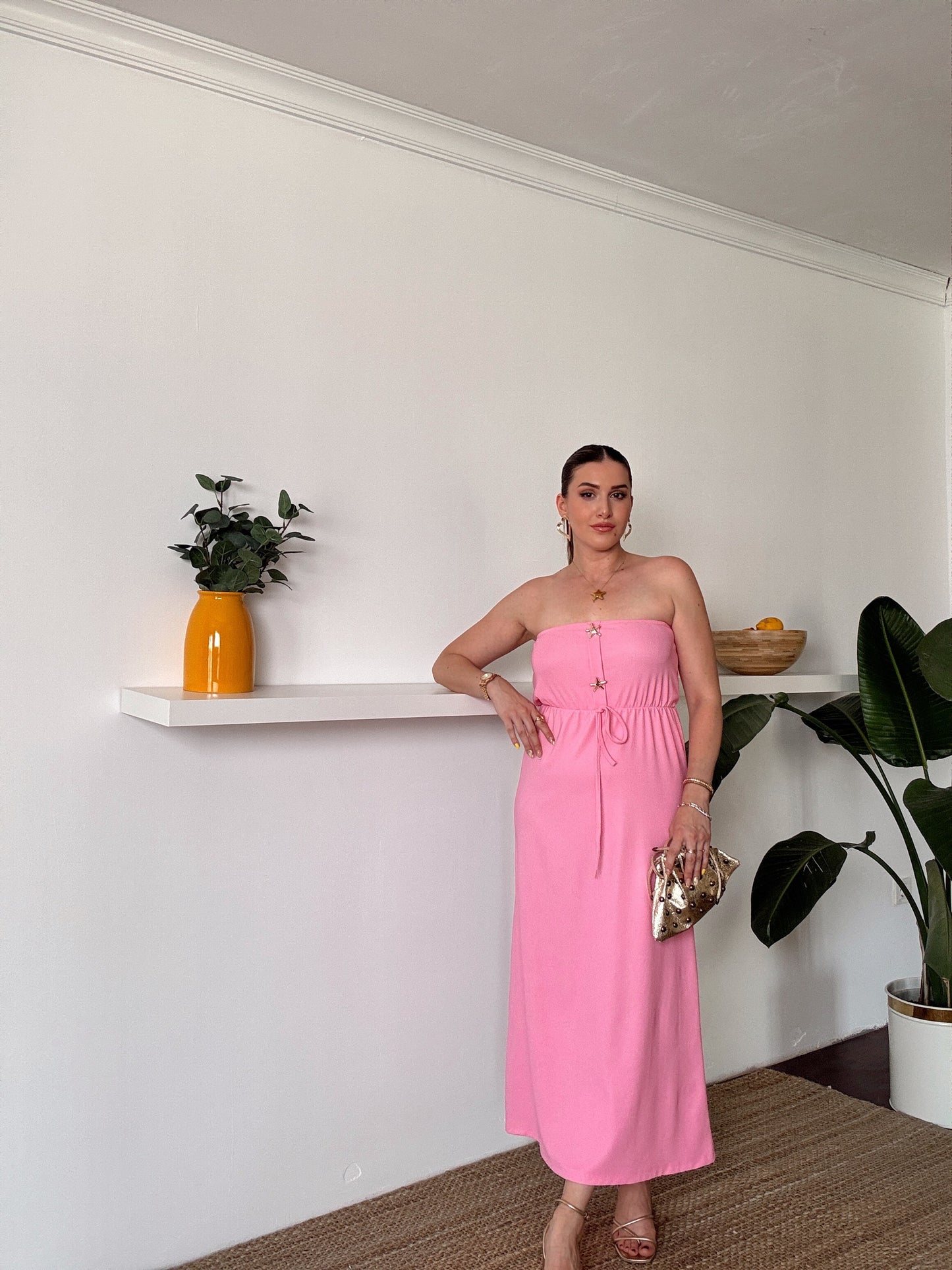 Straplez gold düğme detaylı fitilli elbise PEMBE