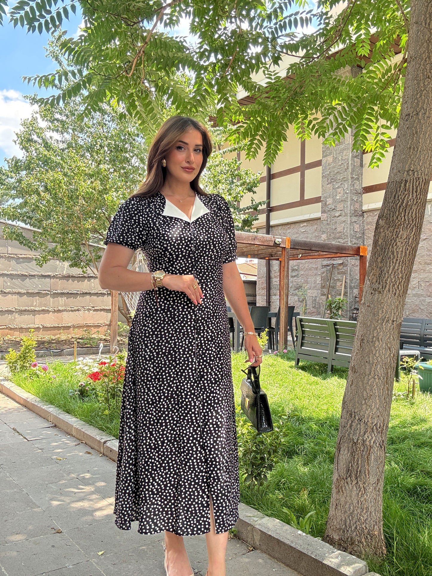 Puantiye desenli elbise Siyah