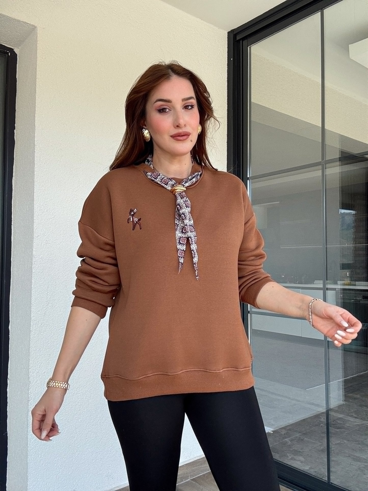 Üç iplik şal yaka sweat-KAHVERENGİ