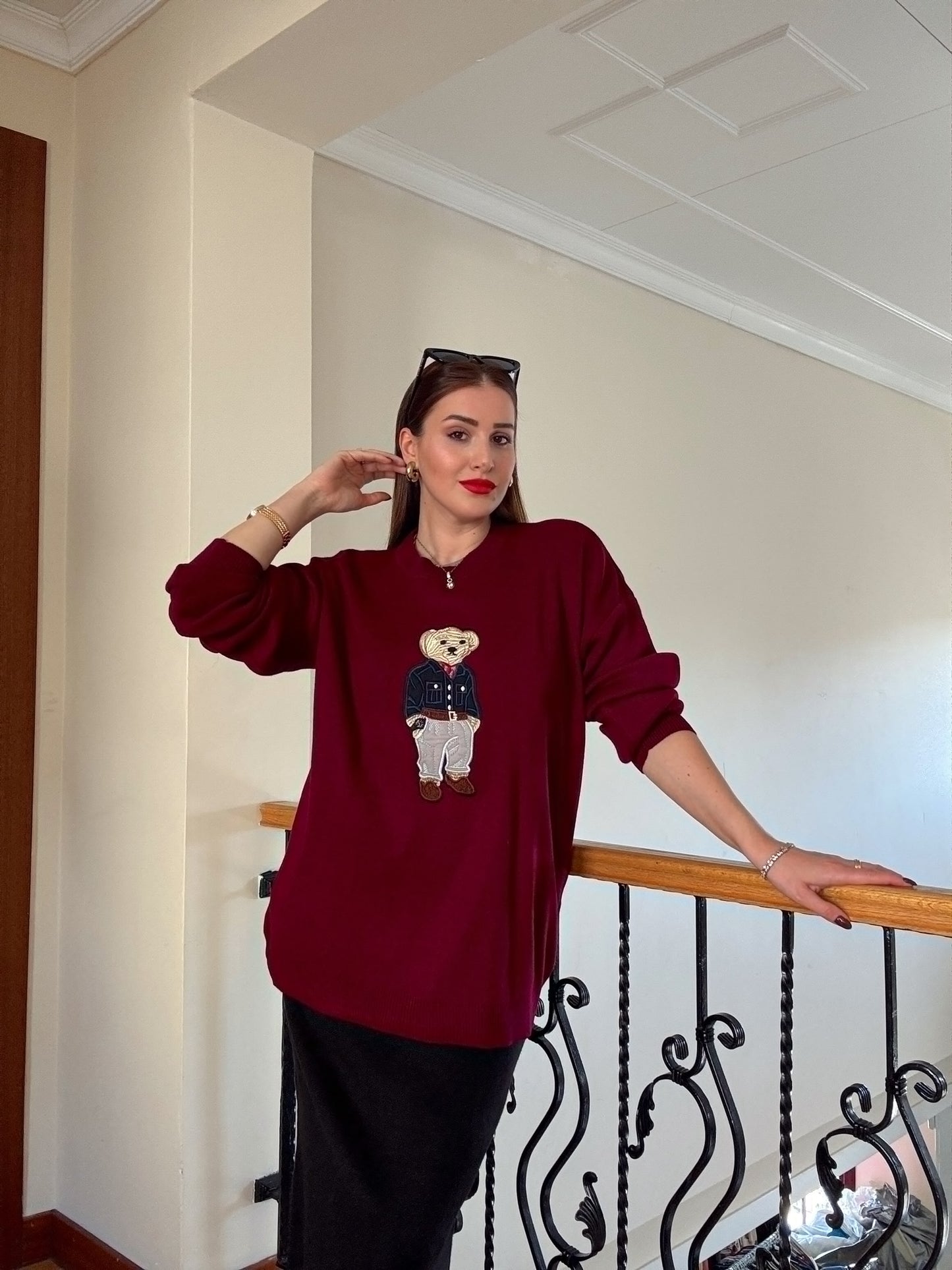 Oversize Ayıcık İşlemeli Kazak BORDO