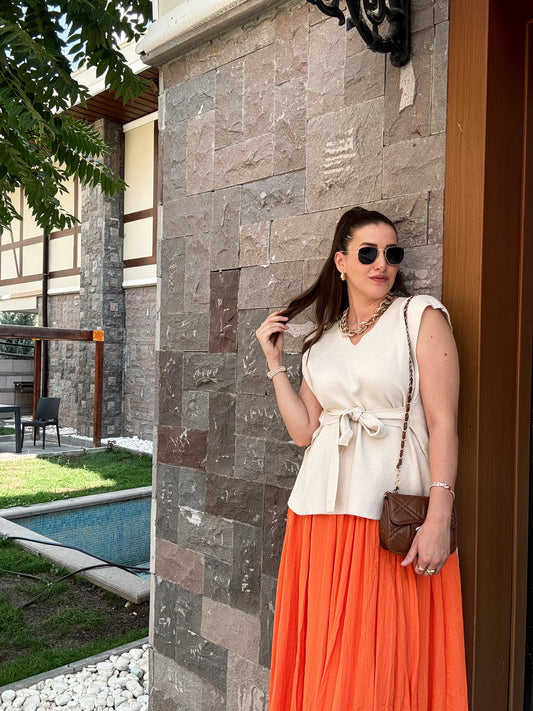 V Yaka Bağlama Detaylı Süveter - BEJ