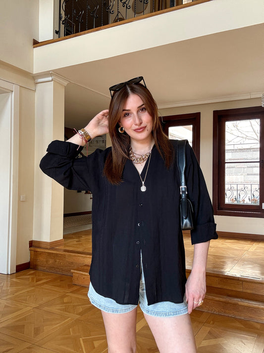 Kalın biye oversize gömlek Siyah