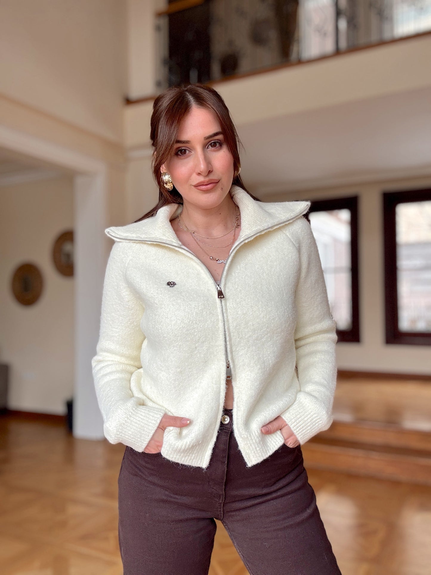 LENA çift fermuarlı triko hırka-EKRU