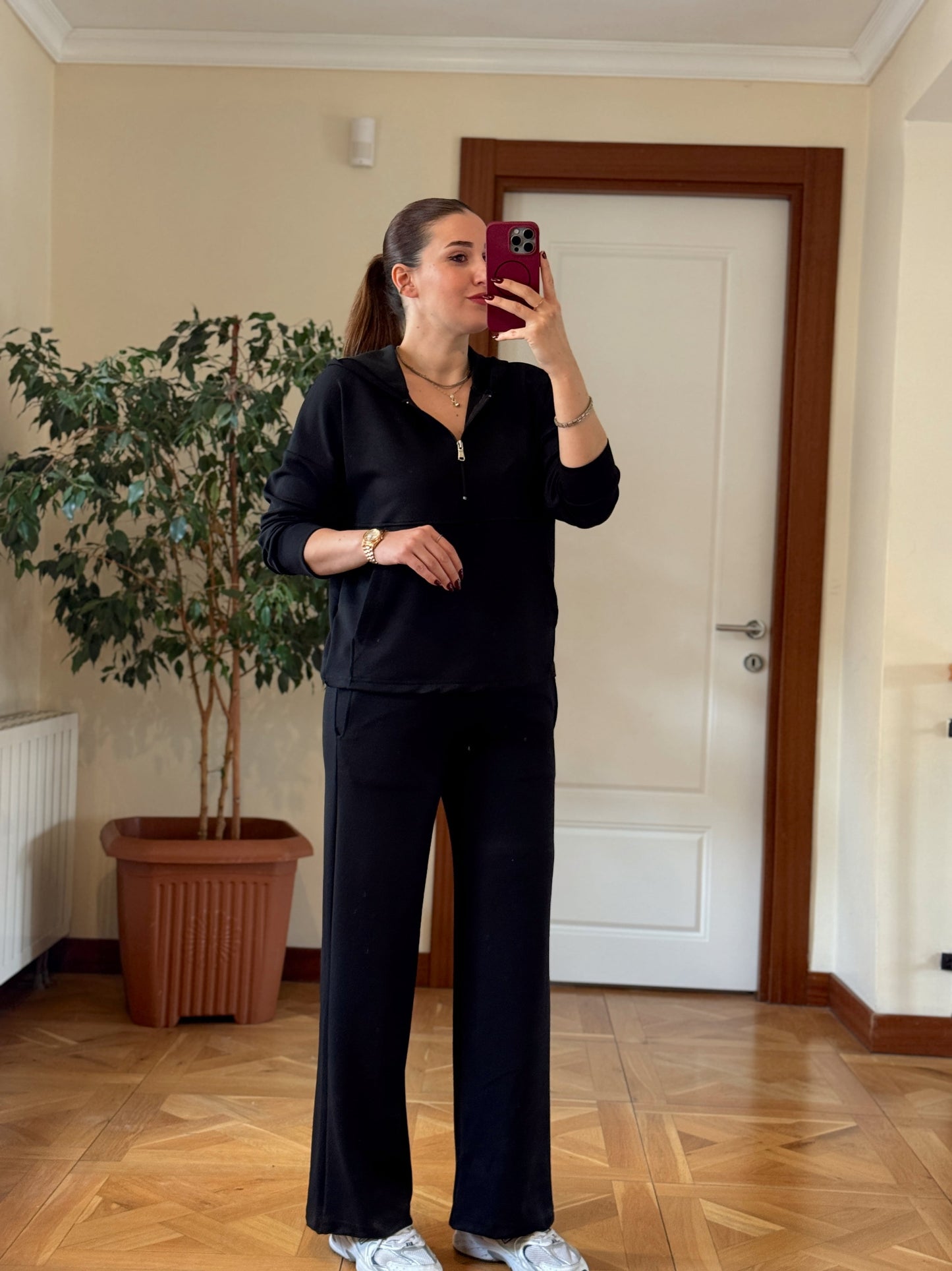 MODAL KUMAŞ KANGURU CEP YARIM FERMUAR TAKIM-SİYAH